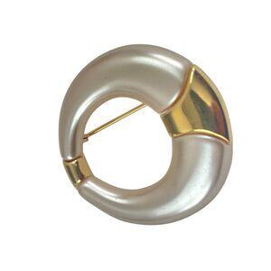 Vintage Gold & Pearl-Tone Circular Brooch Pin Collectible Retro 90s